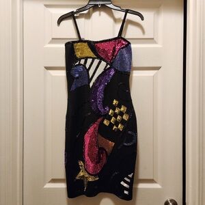 Vintage Outlander Petites Black Beaded Sequin Cocktail Dress Abstract Art Mini